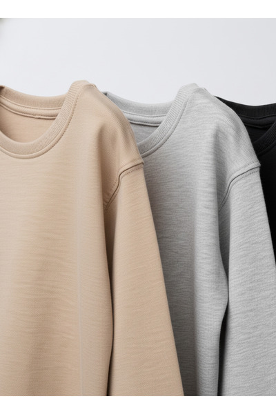 Magu Unisex Children's Cotton 3-Piece Long Sleeve T-Shirt Set – Beige, Gray Melange, Black