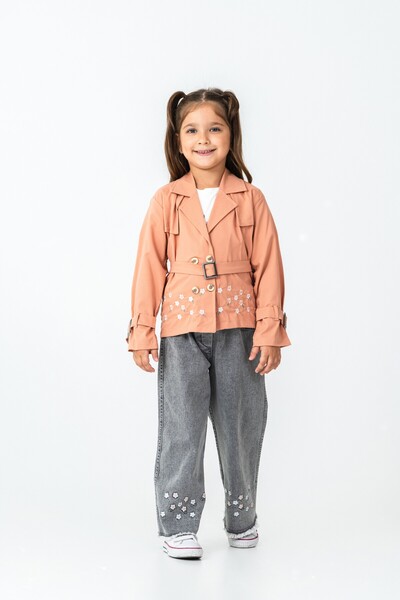 CLOUDY WEAR&DESİGN Girl's Embroidered Detailed Pink Trench Coat & Floral Jeans & T-Shirt 3-Piece Set