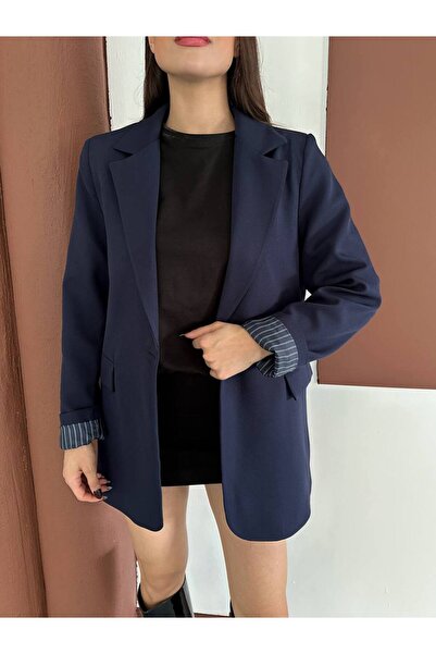 Narstorm Women's Navy Blue Striped Lined Blazer Jacket with Pocket Detail