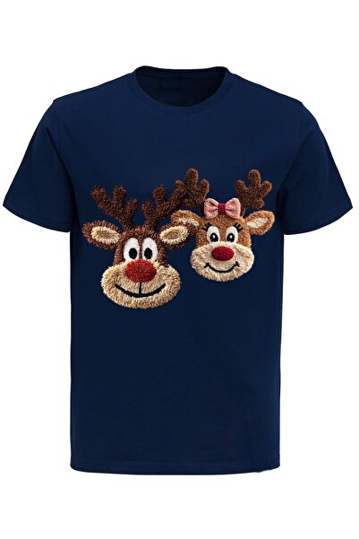 Efendioğlu Design 2 Deer Embroidery Image Printed Christmas New Year Printed Cotton Adult T-Shirt
