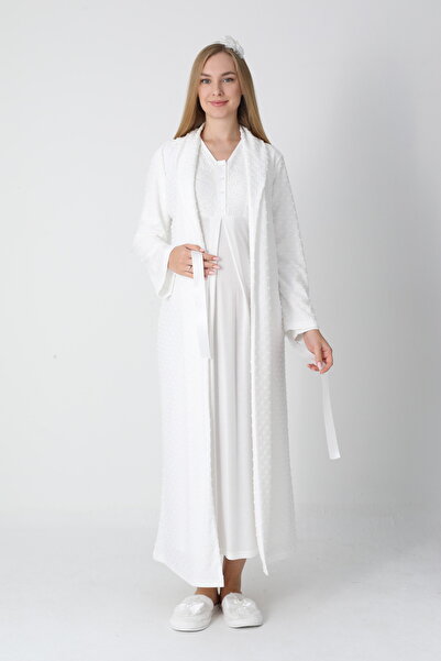 BLACKMORE Women's Ecru Shawl Collar Jacquard Special Design Winter Cotton Mat...