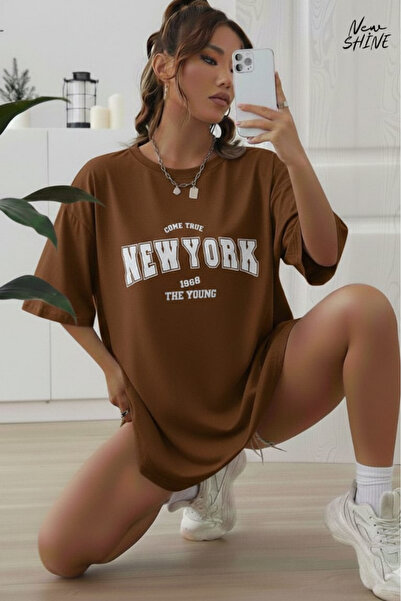 New Shine تي شيرت نيويورك كوم ترو مطبوع قصة فضفاضة
