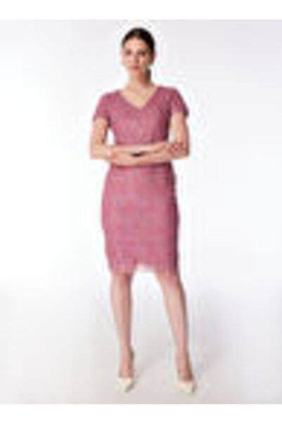 Selen V Yaka Pullu Pembe Standart Kadın Elbise 24YSL7436
