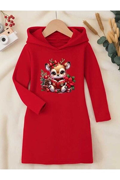 BEBEĞİME ÇORAP New Year Christmas Printed Hooded Girls' Dress