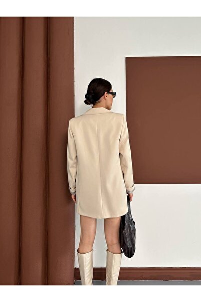 Narstorm Women's Stone Color Striped Lined Blazer Jacket with Pocket Detail