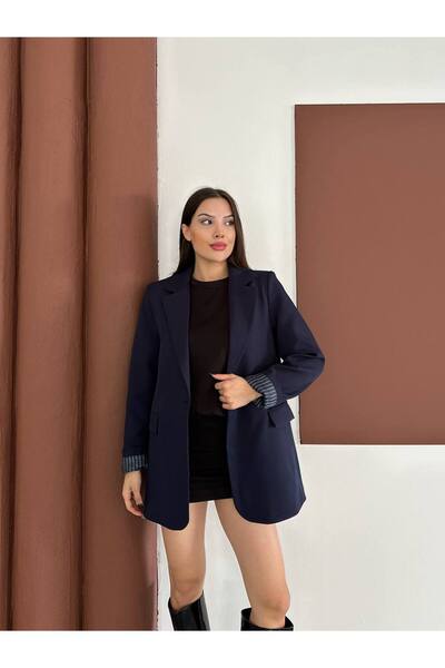 Narstorm Women's Navy Blue Striped Lined Blazer Jacket with Pocket Detail