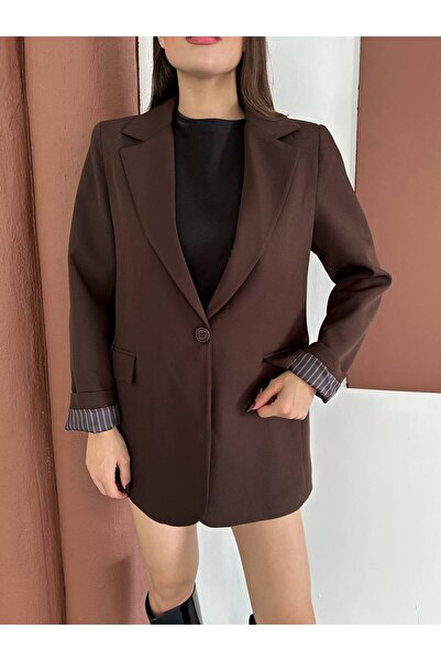 Narstorm Women's Bitter Brown Striped Lined Blazer Jacket with Pocket Detail