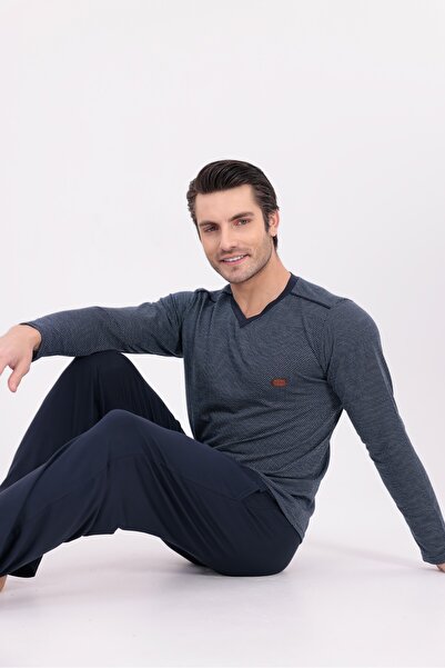 Yulem Homewear Men's Navy Blue V-Neck Long Sleeve Cotton Men's Pajama Set