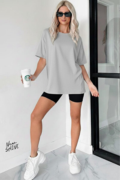 New Shine تي شيرت غير مطبوع كبير الحجم للجنسين