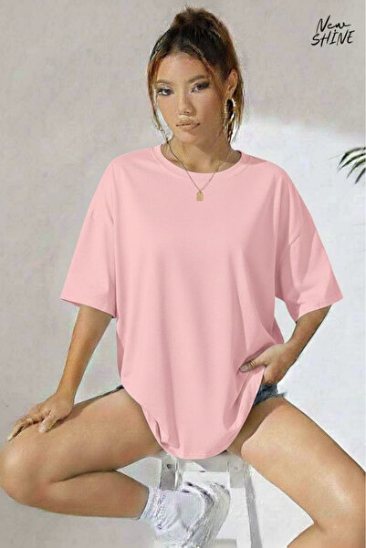 New Shine تي شيرت غير مطبوع كبير الحجم للجنسين