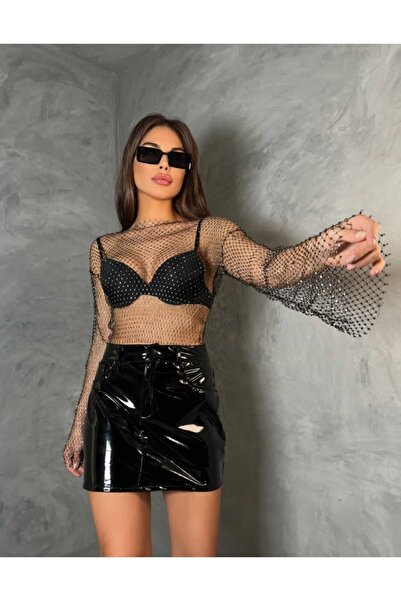 PERLMUTT Long Sleeve Crystal Rhinestone Fishnet Crop Blouse