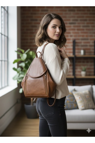 Deribag Genuine Leather, Women's Backpack, Tan Color 25*36*16 cm