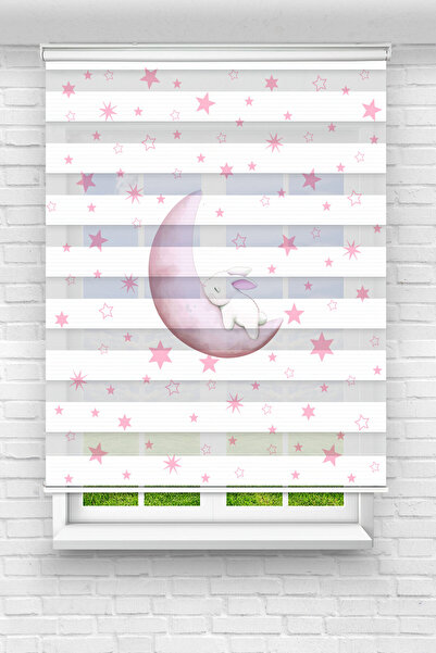 Perdecizade (ENXBOY)PEMBE AY DİJİTAL BASKILI ZEBRA PERDE-COCUK ODASI-STOR PERDE