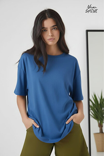 New Shine تي شيرت غير مطبوع كبير الحجم للجنسين