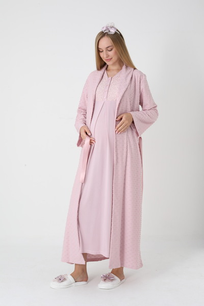BLACKMORE Women's Pink Shawl Collar Jacquard Special Design Winter Cotton Maternity Nightgown-Dressing Gown Set