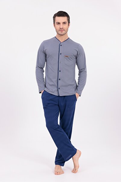 Yulem Homewear Men's Navy Blue Button Front Cotton Long Sleeve Pajama Set