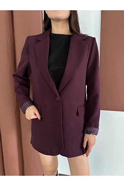Narstorm Women's Burgundy Striped Lined Blazer Jacket with Pocket Detail