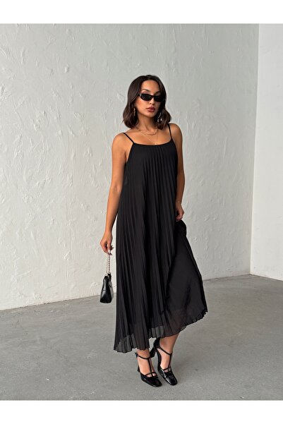 Neba Boutique Kadın Astarlı Pliseli Siyah Midi Boy Şifon Elbise