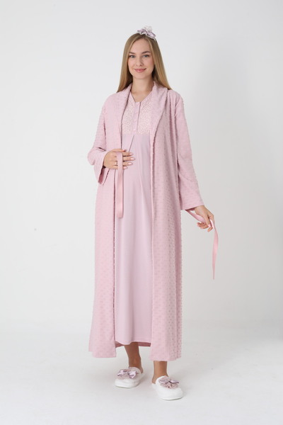 BLACKMORE Women's Pink Shawl Collar Jacquard Special Design Winter Cotton Maternity Nightgown-Dressing Gown Set