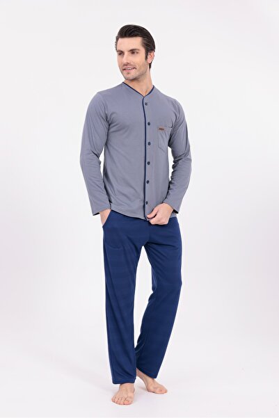 Yulem Homewear Men's Navy Blue Button Front Cotton Long Sleeve Pajama Set