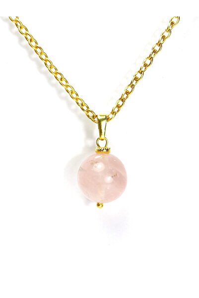 ILGIN DOĞAL TAŞ TAKI Pembe Kuvars Doğal Taş Kolye Ucu | 12 mm Gerçek Altın Ka...
