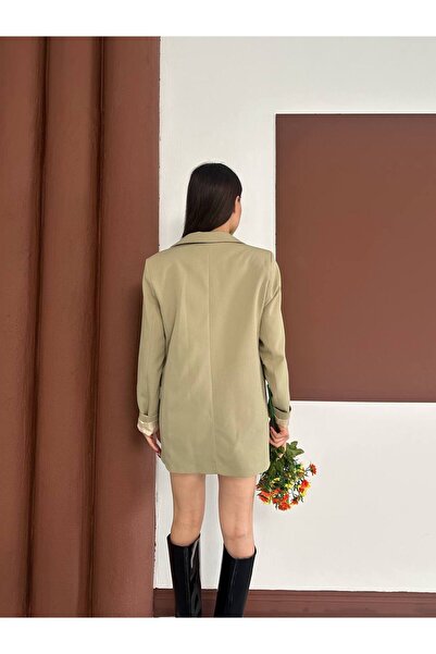 Narstorm Women's Light Green Striped Lined Blazer Jacket with Pocket Detail