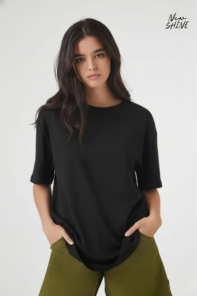 New Shine تي شيرت غير مطبوع كبير الحجم للجنسين