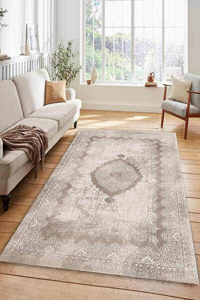 Kessy Home Studio Modern Bej Krem Salon Halısı Makinede Yıkanabilir Kaymaz Ta...