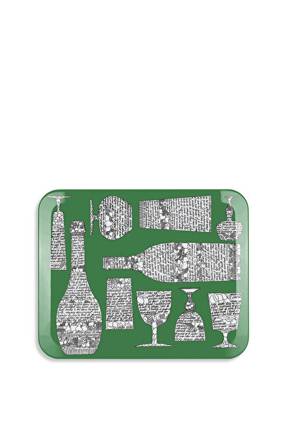 FORNASETTI Bottiglie Beyaz Desenli Ahşap Tepsi