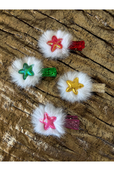 PURPLE'S BİR TUTAM MUTLULUK Shiny Star and Fur Pompom Detailed Glittery 4-Piece Baby Girl Buckle Set