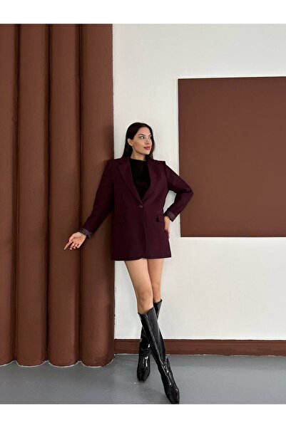 Narstorm Women's Burgundy Striped Lined Blazer Jacket with Pocket Detail