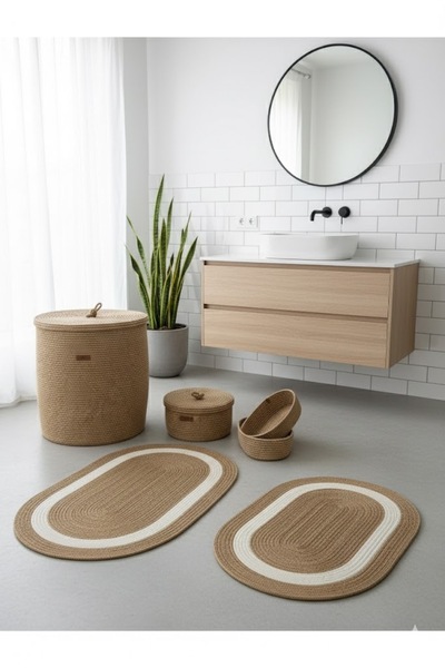 GNG Home Tekstil طقم حمام من الجوت، طقم سجادة حمام، سلة مهملات، سجادة لحوض المرحاض وطقم سلة، طقم حمام
