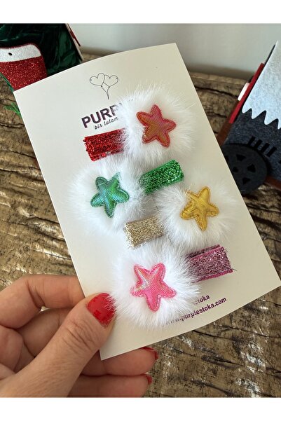 PURPLE'S BİR TUTAM MUTLULUK Shiny Star and Fur Pompom Detailed Glittery 4-Piece Baby Girl Buckle Set