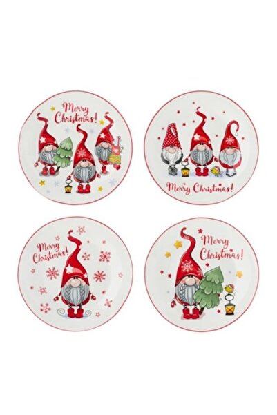 Callena Set of 4 Christmas porcelain plates, gnome design "Merry Christmas", white/red, 19 cm