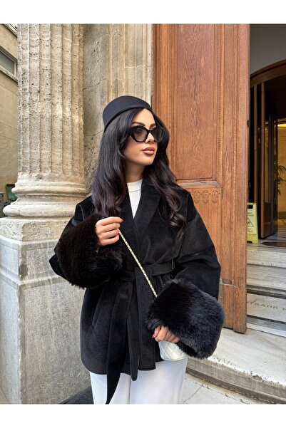 Berf Double-Breasted Collar Belted Cashmere Coat with Fur Detail on the Sleeves