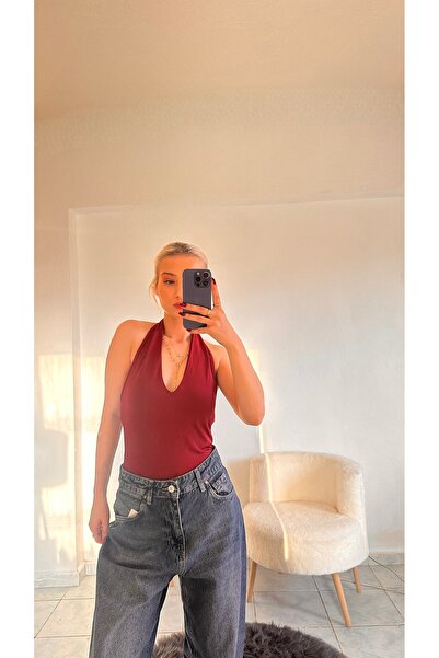 ibiza boutiques Bordo v yaka sırt dekolteli bodysuit