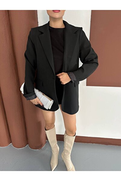 Narstorm Women's Black Striped Lined Blazer Jacket with Pocket Detail