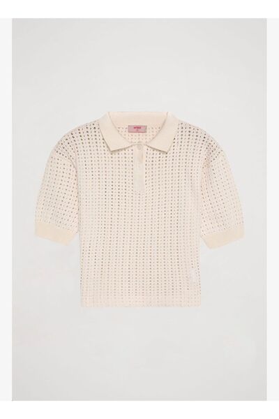 Quzu Polo Yaka Delikli İnce Triko Ekru