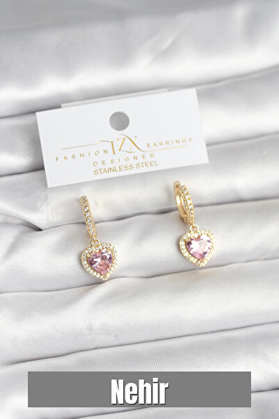 Nehir أقراط نسائية على شكل قلب مصنوعة من النحاس الذهبي الوردي مع أحجار الزركو...