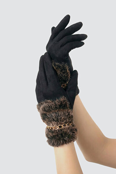 robanu Kadın Siyah-Vizon Leopar Kürklü ve Zincir Detaylı Süet Eldiven