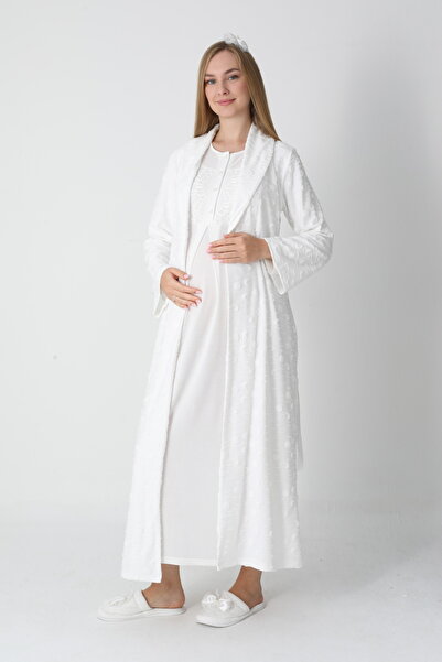 BLACKMORE Kadın Ekru Jakarlı Şal Yaka Dantelli Tasarım Tam Kışlık Lohusa Hami...