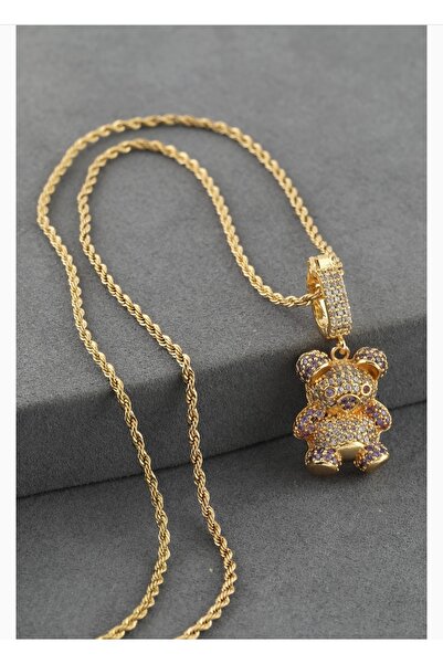 Çelik gold 1 mm burgu zincir zirkon taş ayıcık charmlı kolye