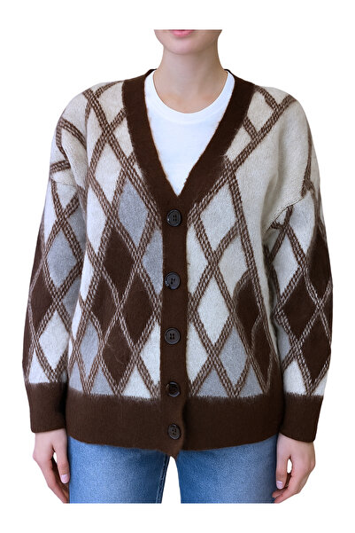 Qualia Butik سترة نسائية بنمط هندسي بأزرار باللون البني