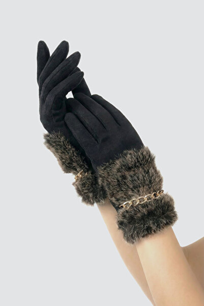 robanu قفازات نسائية من جلد الغزال باللونين الأسود والبيج مع تفاصيل من الفرو ...