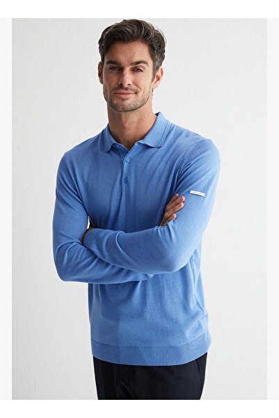 Silk and Cashmere Mavi Paul İpek Kaşmir Polo Yaka Triko