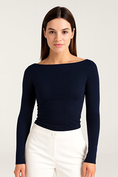 RABTEKS Women's Navy Blue Ultra Soft Boat Neck Long Sleeve Blouse