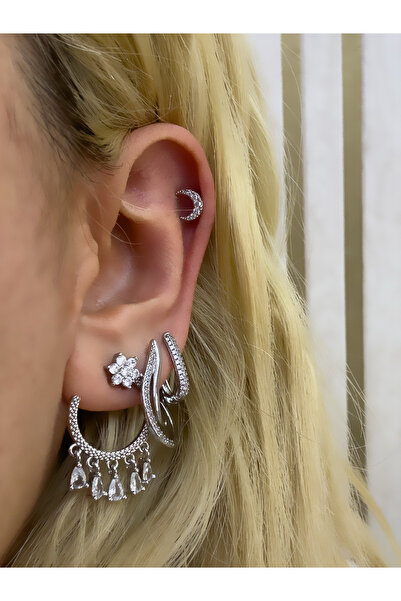 Hicrans Takı TAŞLI AY MODEL ÇELİK HELİX TRAGUS KÜPESİ