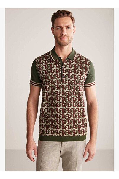 Hemington İpek Pamuk Karışım Desenli Haki Triko Polo