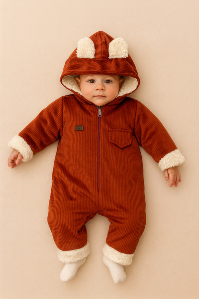 BEBEXO KIDS Unisex İçi Wellsoft Dışı Kadife Kapüşonlu Bebek Astronot Tulum |6...