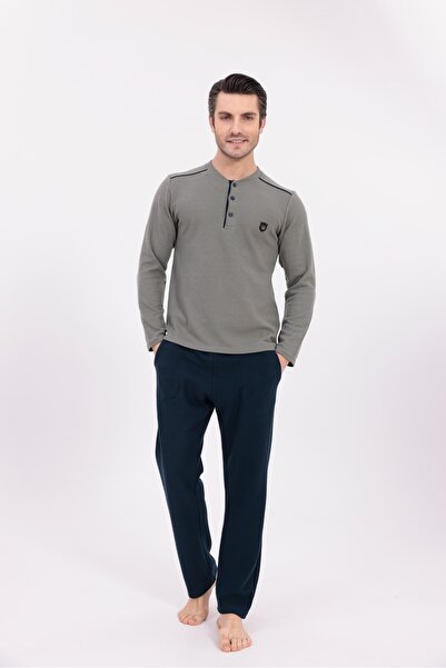 Yulem Homewear Men's Green Half Button Thick Cotton Winter Long Sleeve Men's Pajama Set